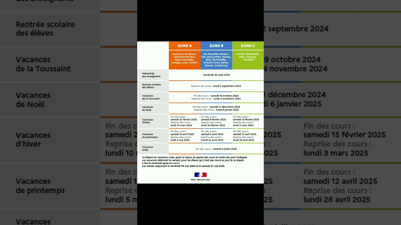 Calendrier des vacances scolaires 2024- 2025 en France