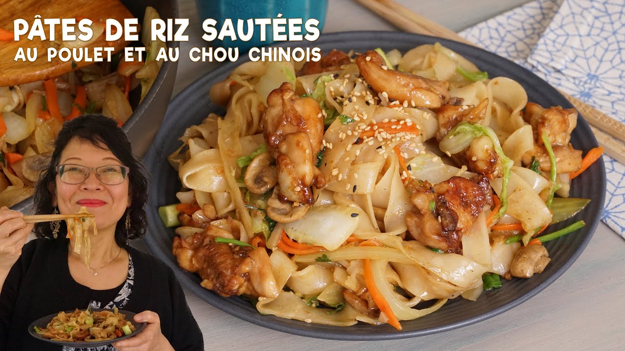 Pâtes de riz sautées au poulet et au chou chinois: facile, à faire avec les mêmes pâtes que dans PHO