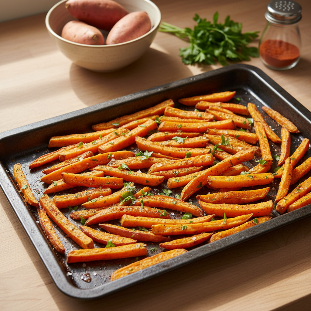 découvrez notre recette simple et saine de frites de patate douce au four, croustillantes à souhait et parfaites pour un snack gourmand et léger.