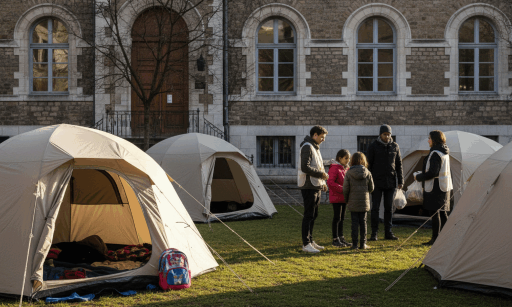 à grenoble, des tentes installées devant un collège témoignent du soutien solidaire envers une famille sans-abri, mobilisant la communauté locale pour une cause humanitaire.