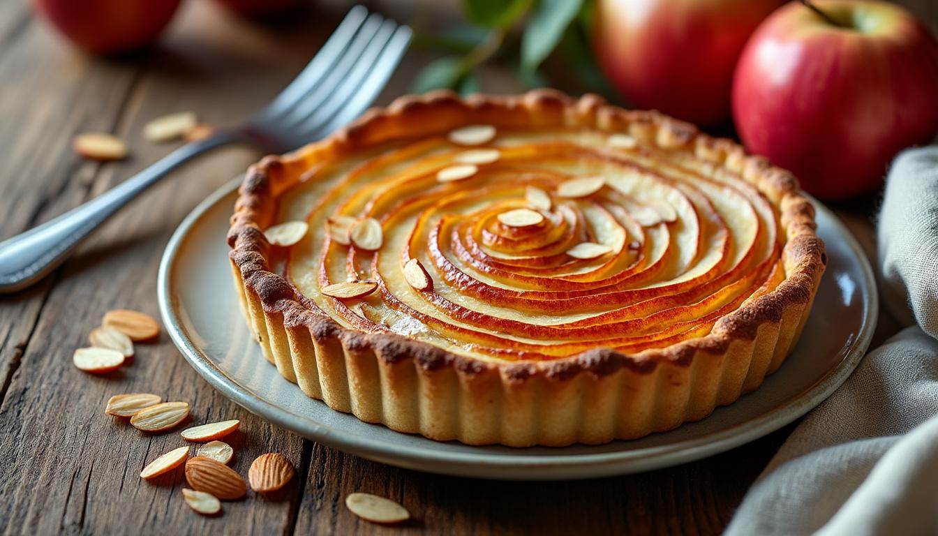 savourez notre tarte aux pommes et amandes, un dessert fondant et parfumé qui séduira vos papilles à chaque bouchée.