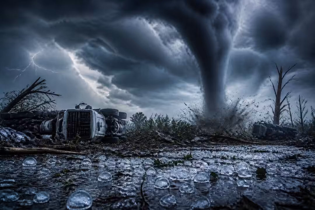 découvrez des images saisissantes d'une tornade déchaînée causant des dégâts impressionnants : arbres déracinés, camions renversés et grêlons géants de 7 cm capturés en vidéo spectaculaire.